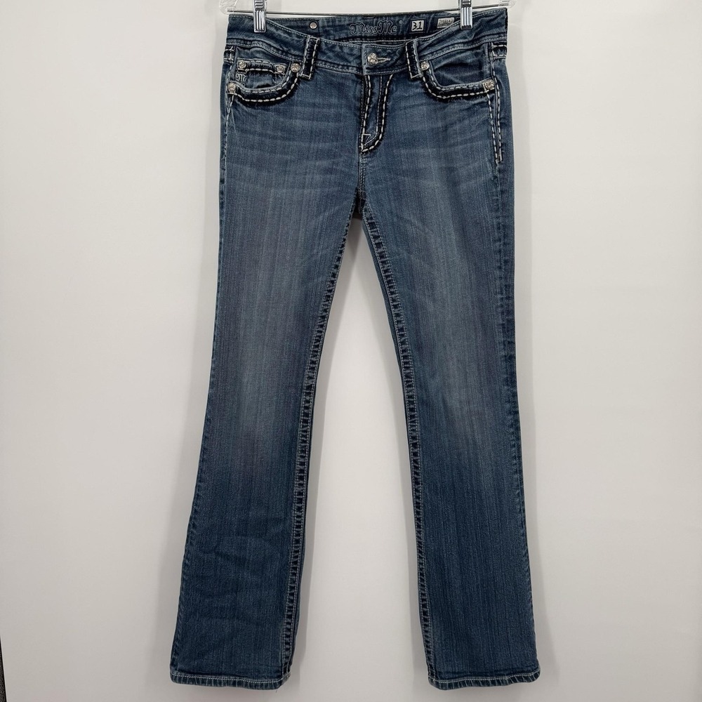 Miss Me Jeans Womens 31 Blue Bootcut Embroidered Distressed Stretch Mid Rise